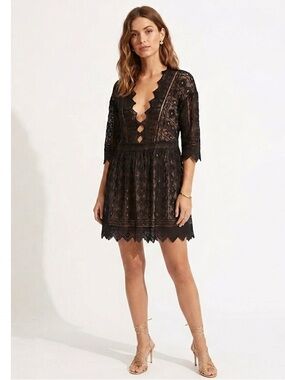 Jen's Pirate Booty Sagrada Romeo Lace 3/4 Sleeves Mini Dress in Black Small